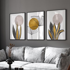Blumen 3er Poster Set Schwarz-Gold für Wohnzimmer | Flower Poster Set of 3 | Flower Poster Set fürs Wohnzimmer | Schwarz-Gold Poster Set