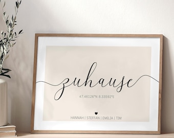 Home family poster with coordinates, gift for family personalized, housewarming gift house, topping out ceremony, home picture beige