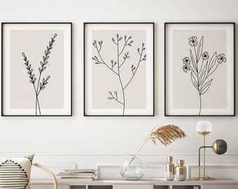 Minimalistisches Blumen 3er Poster Set | Abstract Flower Poster Set of 3 | Vintage Flower Poster Set fürs Wohnzimmer | A4 bis 60x90cm Poster