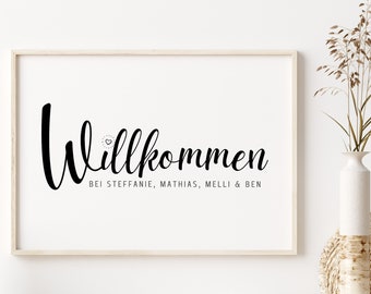 Willkommen personalisiertes Familien Poster| Familienposter Willkommen mit Herz und Namen personalisiert | A4 & A3 mit Holz Bilderrahmen