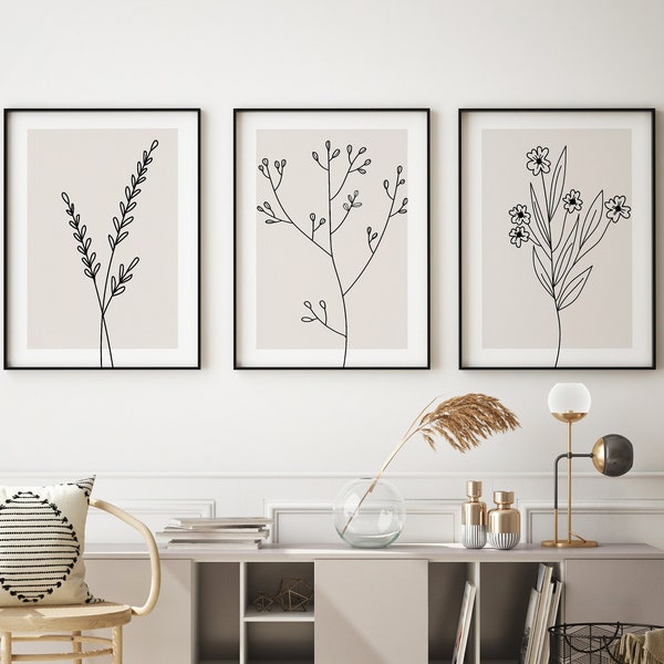 Minimalistisches Blumen 3er Poster Set | Abstract Flower Poster Set of 3 | Vintage Flower Poster Set fürs Wohnzimmer | A4 bis 60x90cm Poster