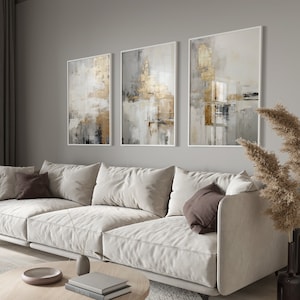Abstrakte Kunst 3er Poster Set | Abstract Art Poster Set of 3 | Modernes Poster Set fürs Wohnzimmer Grau/Gold | Abstraktes Bilder Set
