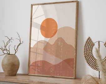 Boho vintage poster with sun and mountains | Sunrise poster | Vintage living room poster | Pictures for bedroom or hallway with picture frame