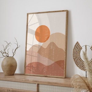 Boho Vintage Poster mit Sonne und Berge | Sunrise Poster | Poster Vintage Wohnzimmer | Bilder für Schlafzimmer oder Flur mit Bilderrahmen