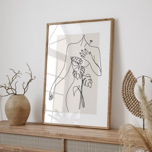 Line Art Poster | One Line Art Woman with Beige Background | Living Room Wall Picture with Picture Frame