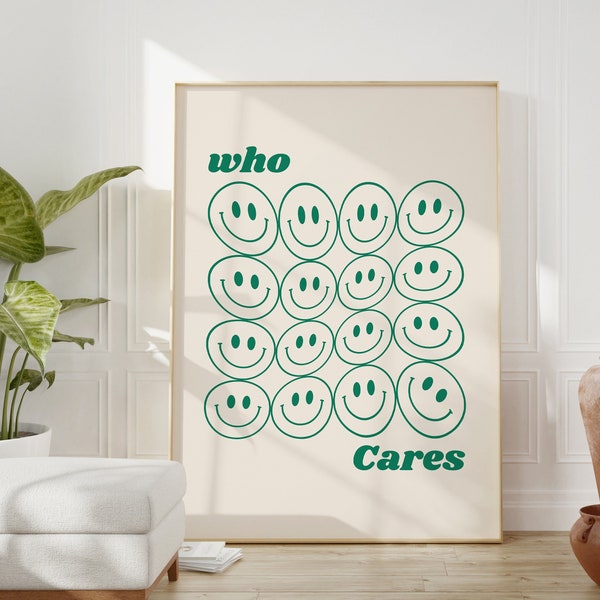 Who cares Smiley Poster | Y2K Raum Dekoration | Wohnzimmer Wanddekoration | Arbeitszimmer Poster | Modernes Trend Poster in Pastell Grün