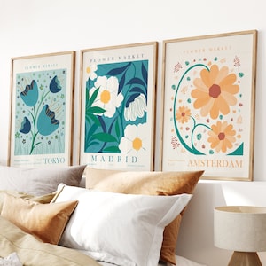 Flower Market 3er Poster Set || Blumen Poster für Wohnzimmer, Schlafzimmer oder Küche || Abstrakte Kunst Poster Wanddekoration mit Rahmen