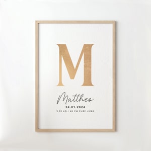 Geburtsposter personalisiert mit Buchstabe, Namen u. Geburtsdatum | Poster Kinderzimmer personalisiert | Geschenk zur Geburt personalisiert