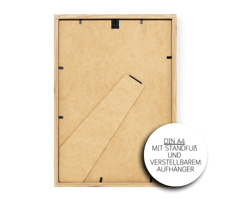 May include: The back of a wooden picture frame with a brown cardboard backing. The frame is designed to hold a DIN A4 size print. The frame has a stand and an adjustable hanger.