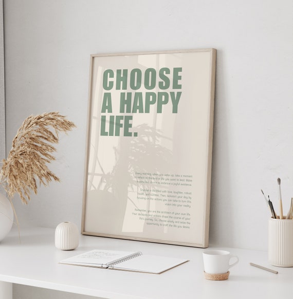 CHOOSE A HAPPY LIFE Motivierendes Sprüche Poster || Motivationsposter mit Text || Minimalistische Wanddekoration