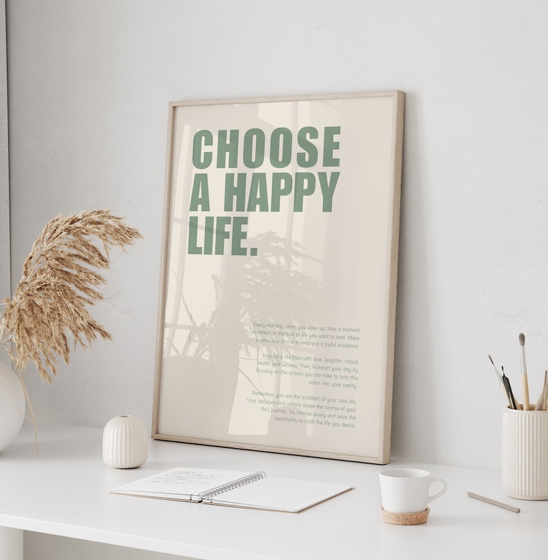 CHOOSE A HAPPY LIFE Motivierendes Sprüche Poster Motivationsposter mit Text Minimalistische Wanddekoration Bild 1