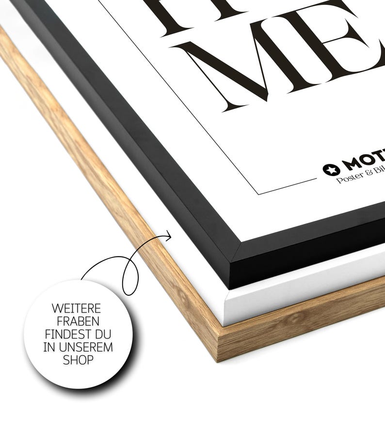 May include: A black and white framed poster with the text "Trust Me" in bold, black letters. The poster has a white background and a black frame. The bottom right corner of the poster has a small logo with the text "MOTTO Poster & Bild".