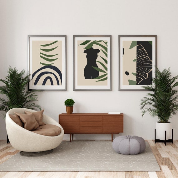 Abstraktes Boho Poster Set fürs Wohnzimmer oder Flur | Boho Dekoration | Bilderwand Decor | Beige Grün Poster Set
