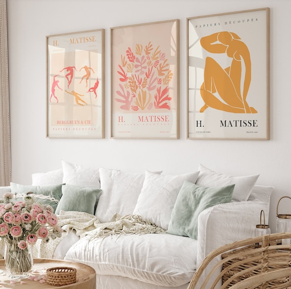 Matisse Boho Poster Set für Wohnzimmer, Schlafzimer oder Flur | Boho Matisse Bilder Set | Abstrakte Kunst Poster Set in Gelb/Rosa