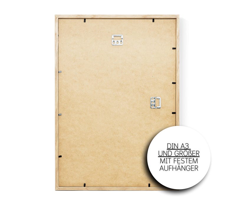 May include: A wooden picture frame with a light brown finish. The frame is designed for a DIN A3 size print and has a sturdy hanger.