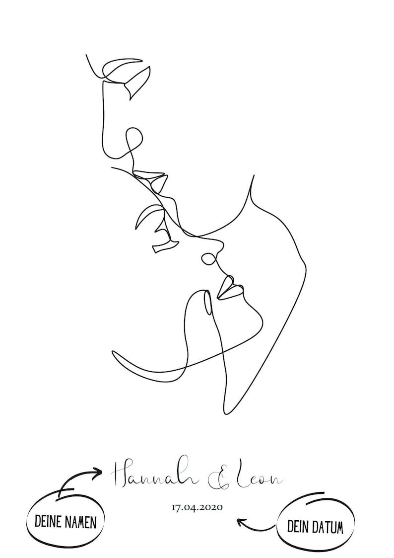 May include: Line art drawing of two people's faces, with the text "Hannah & Leon" and the date "17.04.2020" below. There are two circles with the text "DEINE NAMEN" and "DEIN DATUM" on either side of the date.