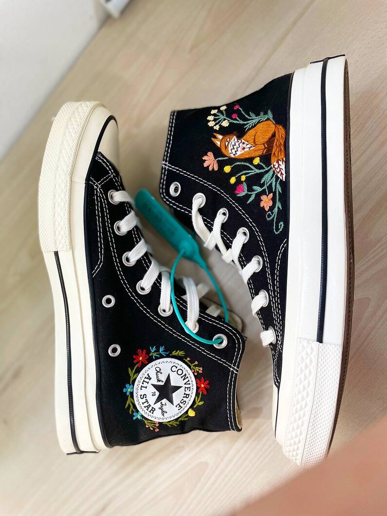 Converse Custom Fox Floral Embroidery Converse High Tops Etsy