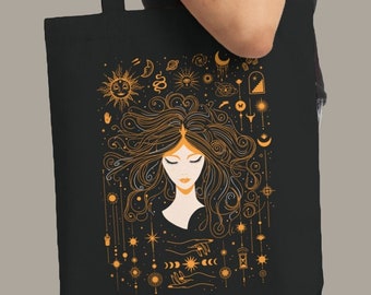 Mystic Celestial Girl Tote Bag, Mystical Sun Moon Girl Tote Sack, Spiritual Handbag, Boho Vintage Cosmic Celestial Sun Moon Shoulder Bag