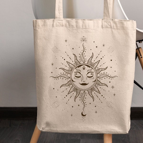 Sun Celestial Graphic Tote Bag, Mystical Vintage Boho Sun and Moon Tote Sack, Spiritual Handbag, Retro Cosmic Sun Moon Constellation Bag