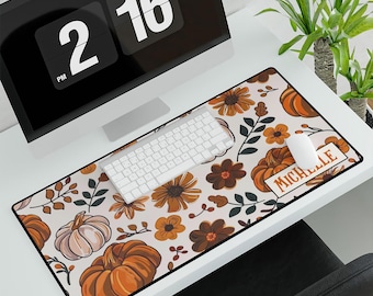 Flower & Pumpkin Custom Deskmat, Personalized Fall Pumpkin Mouse Pad, Pumpkin Lover Gift, Fall Leaves Desk Decor, Thanksgiving Gift for Her