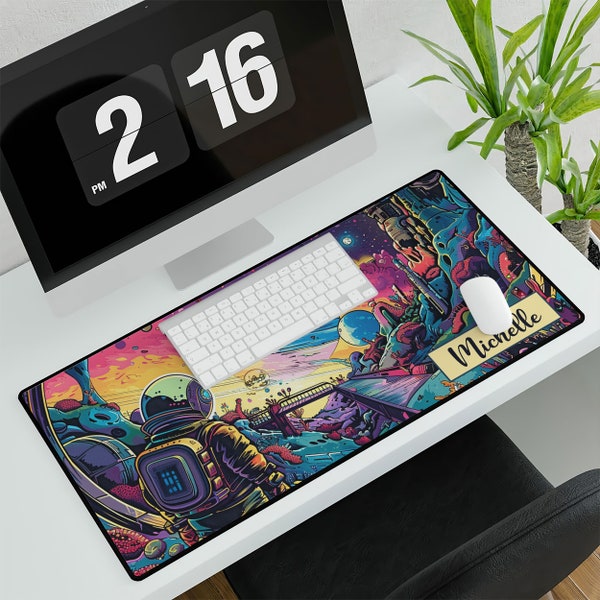 Colorful Space Desk Mat, Custom Name Desk Mat, Cute Gaming Mouse Pad, Gamer Girl Desk Accessories, Gifts for Gamers