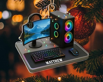 Personlig gamerprydnad, anpassad speluppställningsprydnad med namn, RGB-datorjulprydnad, gamerpresent till honom, spelrumsdekor