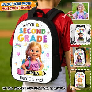 Sac à dos 3D personnalisé, sac à dos personnalisé avec photo et nom - Cadeau de rentrée pour les enfants - Sac de la maternelle à la cinquième année