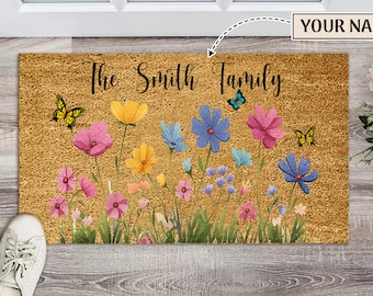 Wildflower Personalized Door Mat, Custom Family Name Doormat, Welcome Doormat, Printed Custom Polyester Doormat, Engagement Gift