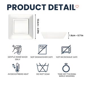 May include: White square plate with a recessed center, measuring 4.09 inches wide. The side view shows a depth of 0.71 inches. The image includes care instructions: gentle hand wash only, not dishwasher or microwave safe, avoid extreme heat, do not soak.