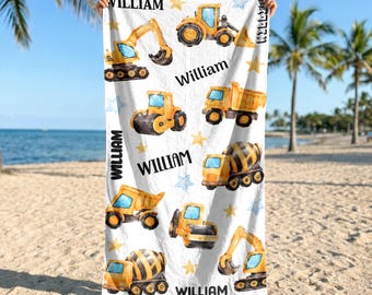 Personalized Construction Beach Towel, Custom Kids Name Gift