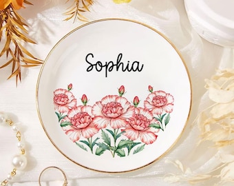 Personalized Birth Flower Ring Dish With Name, Custom Flower Jewelry Dish, Wedding Bridesmaid Gift, Birthday Party Gift, Flower Ring Dish