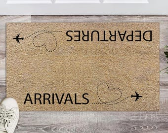 Arrivals & Departures Doormat, Airplane Mat, Housewarming Gift, Flight Attendant Gifts, Printed Polyester Doormat, Gift for Flight Attendant