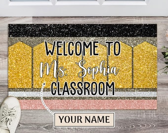 Glitter Pencil Custom Name Door Mat, Teacher Personalized Decor, Welcome Doormat, For Teacher, Printed Custom Polyester Doormat