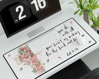 Floral Cross Desk Mat, Whatever You Do Work At It With All Your Heart, Jesus Inspired, Faith Decor, Motivational Gifts, Christian Desk Decor