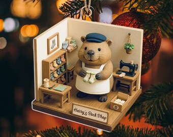 Niedliche Capybara Sock Shop Ornament, Acryl Tier Weihnachtsdekoration, wunderliche Miniatur Szene Weihnachtsverzierung, gemütliches Geschenk für Tierliebhaber