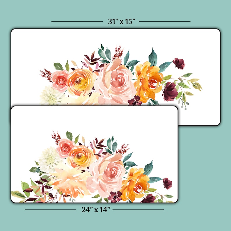 May include: Two watercolor floral designs, one measuring 31 inches by 15 inches and the other measuring 24 inches by 14 inches. Both designs feature a cluster of peach, yellow, and burgundy flowers with green leaves.