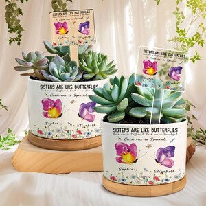 Peut inclure: Deux pots en céramique blancs avec des succulentes, chacun avec un motif de papillon et le texte "Sisters are like butterflies". Les pots sont sur des socles en bois. Un pot a un panneau en bois.