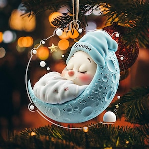 Primeiro enfeite de Natal para recém-nascido, decoração de bebê dormindo na lua, presente fofo de lembrança de Natal para novos pais 2025, presente de Natal para bebês
