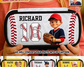 May include: A personalized baseball-themed pencil case featuring a cartoon boy in a baseball uniform, the name "RICHARD", and the number "16". The case has a white background with red baseball stitching and a black zipper.