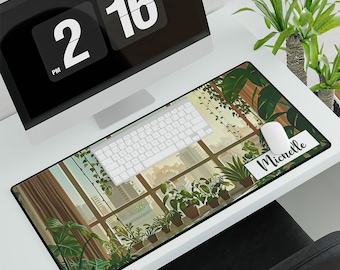 Plants on Window Personalized Desk Mat, Custom Name Plant Lovers Mouse Pad, Green Aesthetic Deskmat, Desk Pad for Her, Plant Desk Mat