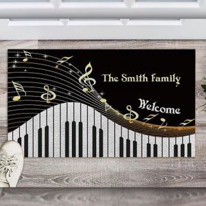 Piano Patterned Personalized Doormat, Custom Name Printed Polyester Doormat, Gift For Piano Lover, Music Doormat, Custom New Home Gift