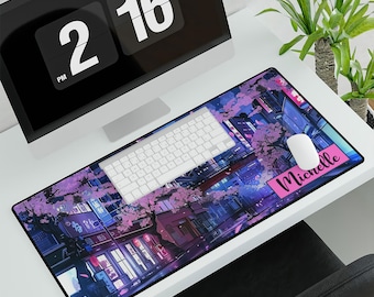 Night City Blossom Desk Mat, Custom Name Desk Mat, Cute Gaming Mouse Pad, Gamer Girl Desk Accessories, Gifts for Gamers