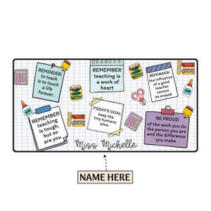 May include: A colorful printable teacher planner with inspirational quotes and doodles. The planner has a grid background and includes the text "REMINDER: to teach is to touch a life forever." and "REMEMBER teaching is a work of heart".