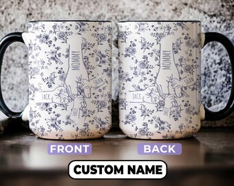 First Mothers Day Coffee Cup, Custom Holding Hands With Kids Toile de Jouy Mug, Gift for Boy Mom Twin Mommy, Baby Shower Birthday Gift