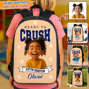 Sac à dos personnalisé prêt à écraser avec photo de dessin animé personnalisée, nom et année scolaire, cadeau de rentrée scolaire pour fille, joli sac de maternelle