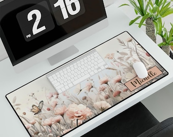 Pink Wildflowers Desk Mat, Custom Name Desk Mat, Cute Gaming Mouse Pad, Gamer Girl Desk Accessories, Gifts for Gamers