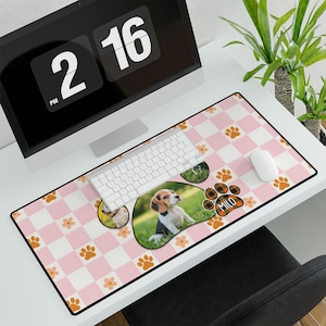 May include: Pink and white checkered mouse pad with paw prints and a photo of a dog with the name "Milo" printed on it.