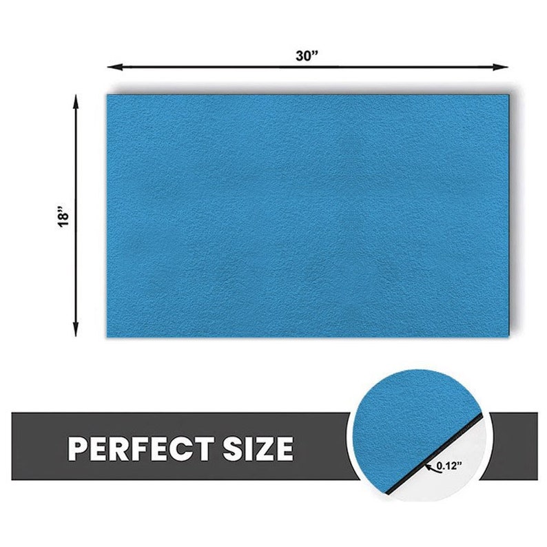 May include: A blue rectangular mat measuring 30 inches by 18 inches. The mat is made of a textured material. The text "PERFECT SIZE" is printed in black on a gray background. A close-up of the mat shows a texture of 0.12 inches.