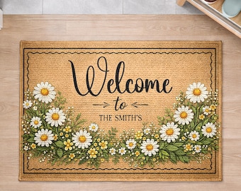 Personalized Daisy Welcome Door Mat Custom Family Name Floral Entryway Decor