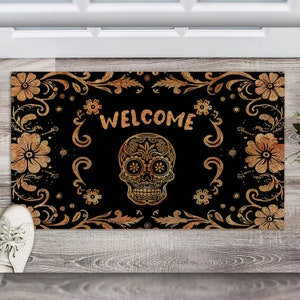 Sugar Skull Welcome Printed Polyester Doormat, Sugar Skull Welcome Doormat, Día de Muertos Door Mat, Home Doormat Housewarming